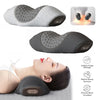 A gray therapeutic neck massager device shown in various views, including a close-up of its massage function.