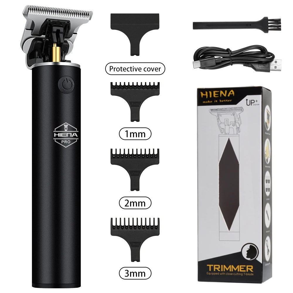 A black electric beard and hair trimmer with various guard attachments shown next to its packaging.