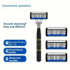 A stainless steel multi-blade safety razor with four interchangeable blades shown next to text describing convenient operatio