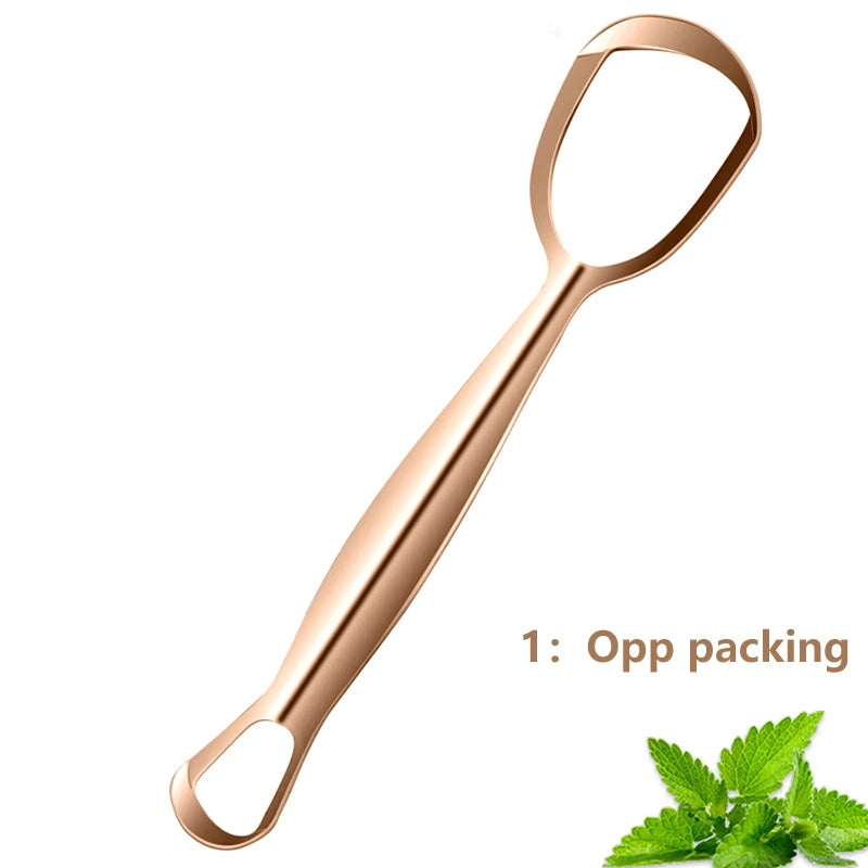 Raspador de lengua de acero inoxidable dorado rosa con mango de lazo y una ramita de menta verde.