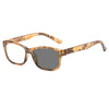 A pair of tortoiseshell photochromic reading glasses with a dark lens.