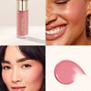 A stick of pink liquid blush named Hope is shown next to a close-up of a woman applying it to her cheek.