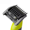 A close-up view of a black precision guide comb attachment for a beard trimmer, shown attached to a yellow body.