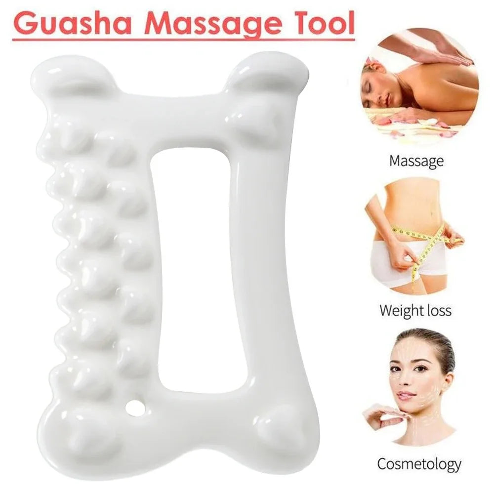 White resin facial gua sha massage tool shown next to images demonstrating its use for massage, weight loss, and cosmetology.