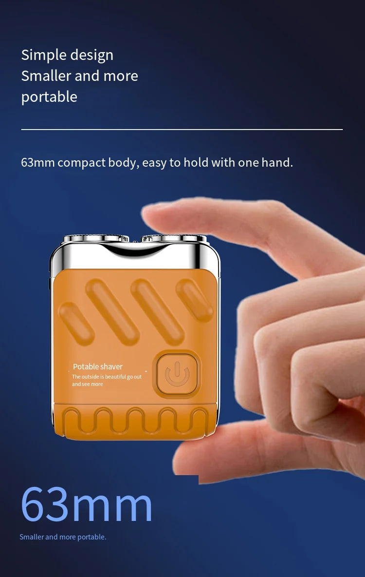 A hand holds an orange portable shaver with a silver body, demonstrating its compact size.