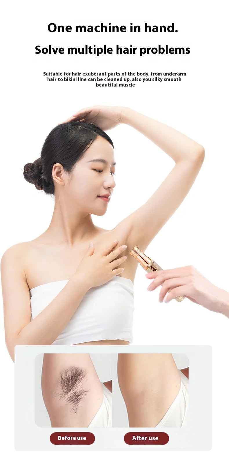 A woman is using a facial and body hair removal device on her skin, showing before and after results.