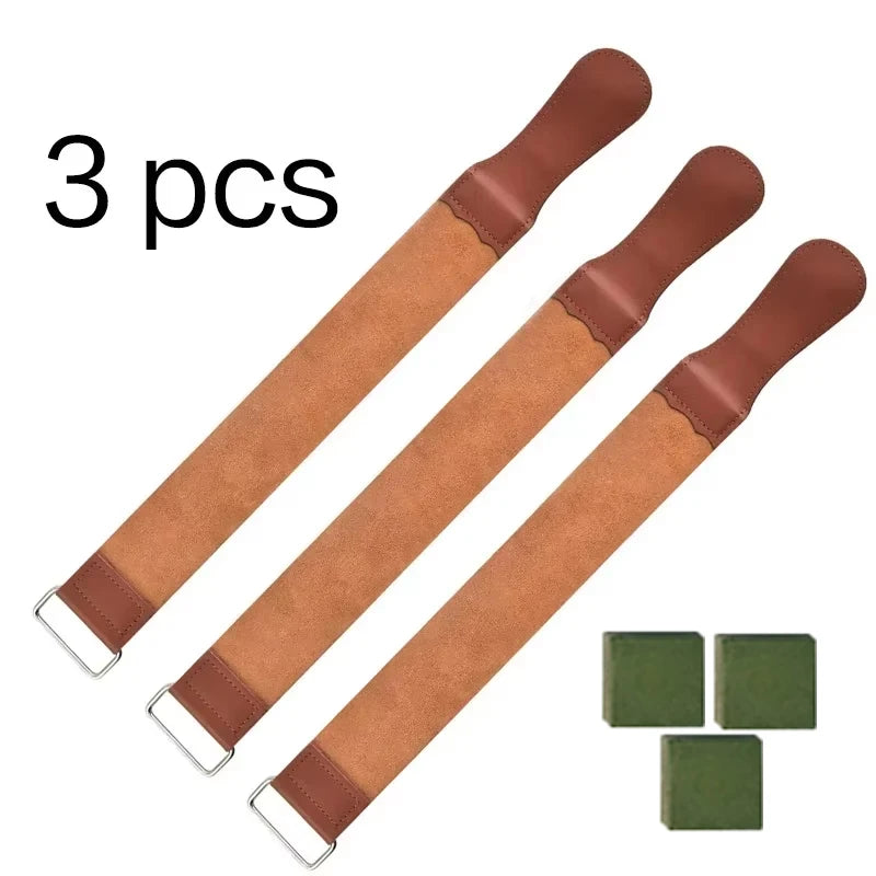 Three brown leather sharpening strips or strops for a straight razor.