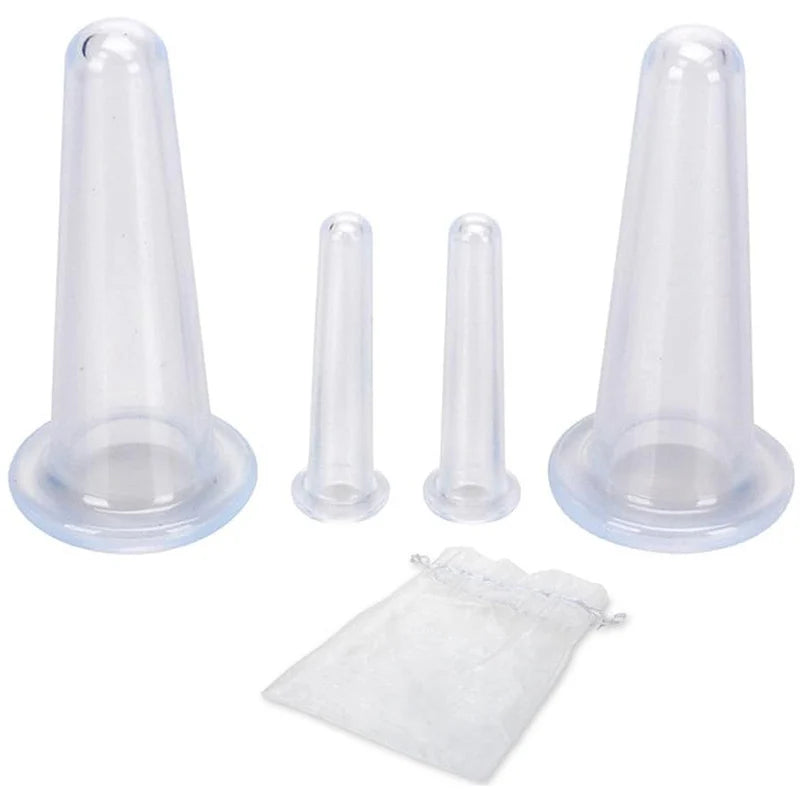 A set of clear silicone facial cupping massage tools and a disposable facial mask.