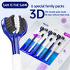 A set of six 3D toothbrushes and a blue U-shaped brush are displayed on a white background.