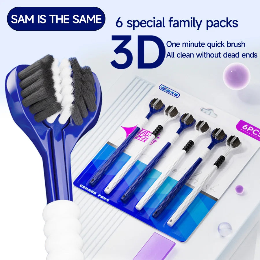 A set of six 3D toothbrushes and a blue U-shaped brush are displayed on a white background.