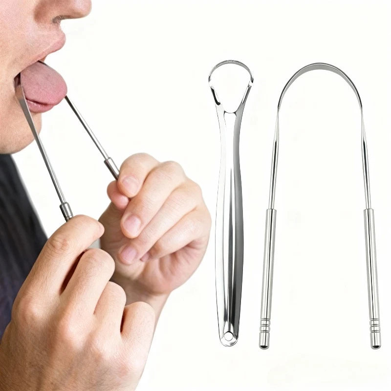 A hand is using a reusable stainless steel tongue scraper for oral hygiene, shown alongside the product.