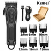 A black professional rechargeable beard and hair trimmer with various guard attachments shown alongside the main unit.