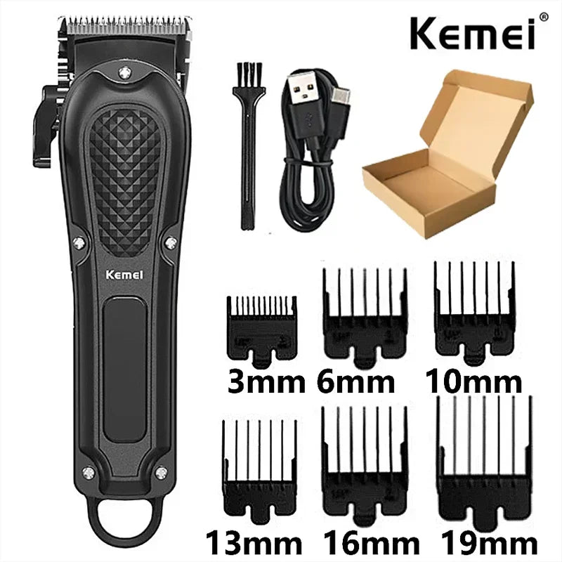 A black professional rechargeable beard and hair trimmer with various guard attachments shown alongside the main unit.
