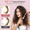 A woman is using a 1/2-1" tapered barrel ceramic curling wand to create natural curls.