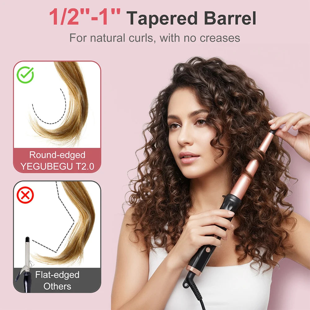 A woman is using a 1/2-1" tapered barrel ceramic curling wand to create natural curls.