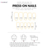 A set of reusable press-on nails in various sizes and shapes shown with instructions for application.