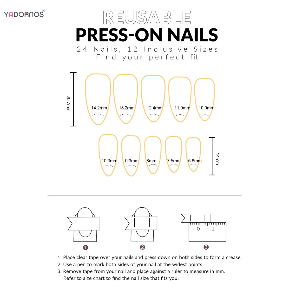 A set of reusable press-on nails in various sizes and shapes shown with instructions for application.