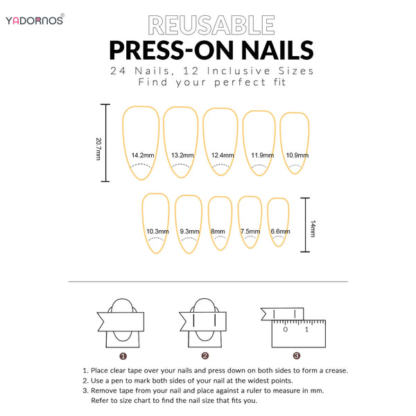 A set of 24 reusable press-on nails in nude pink with leopard print and 3D charms, showing various sizes.