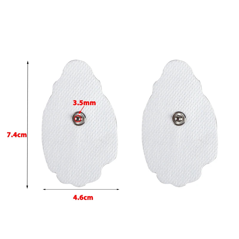 Two white self-adhesive conductive electrode pads shown with dimensions 7.4cm by 4.6cm and a 3.5mm marking.