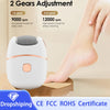 A white electric foot file callus remover device is shown next to a foot, demonstrating two gear adjustments for different cl
