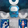 A blue electric toothbrush for kids with a white head and various themed attachments resting on a gray surface.