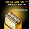Close-up of a gold electric hair and beard trimmer net with a mesh head.