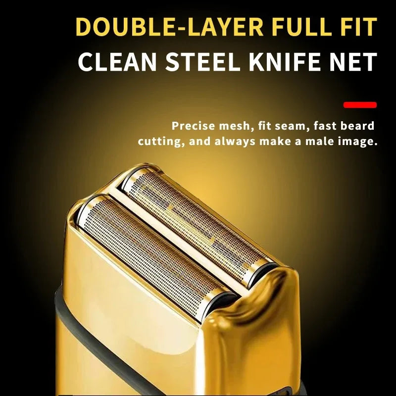 Close-up of a gold electric hair and beard trimmer net with a mesh head.