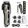 A black and gold Kemei 80 Power cordless hair trimmer with attachments and charging cable.