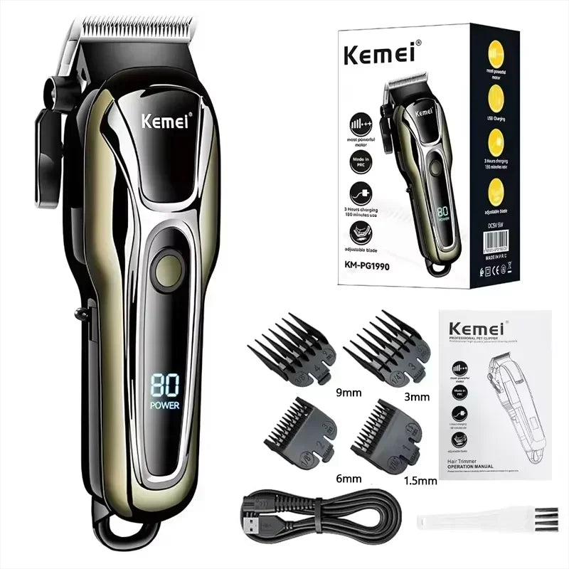 A black and gold Kemei 80 Power cordless hair trimmer with attachments and charging cable.
