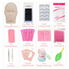 A set of silicone eyelash extension practice tools including a mannequin head, brushes, patches, tweezers, and eyelash blow.