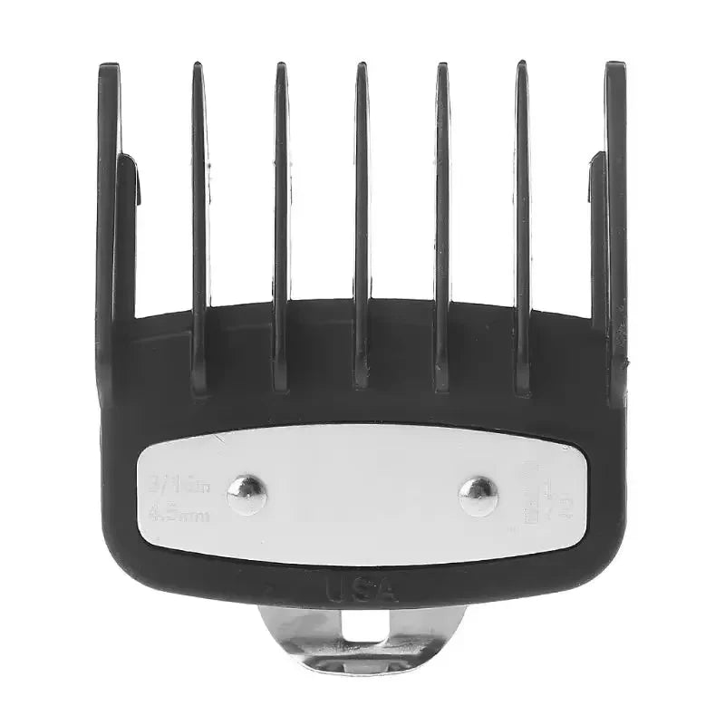 Black precision hair clipper guide comb set with a silver base and clamp.