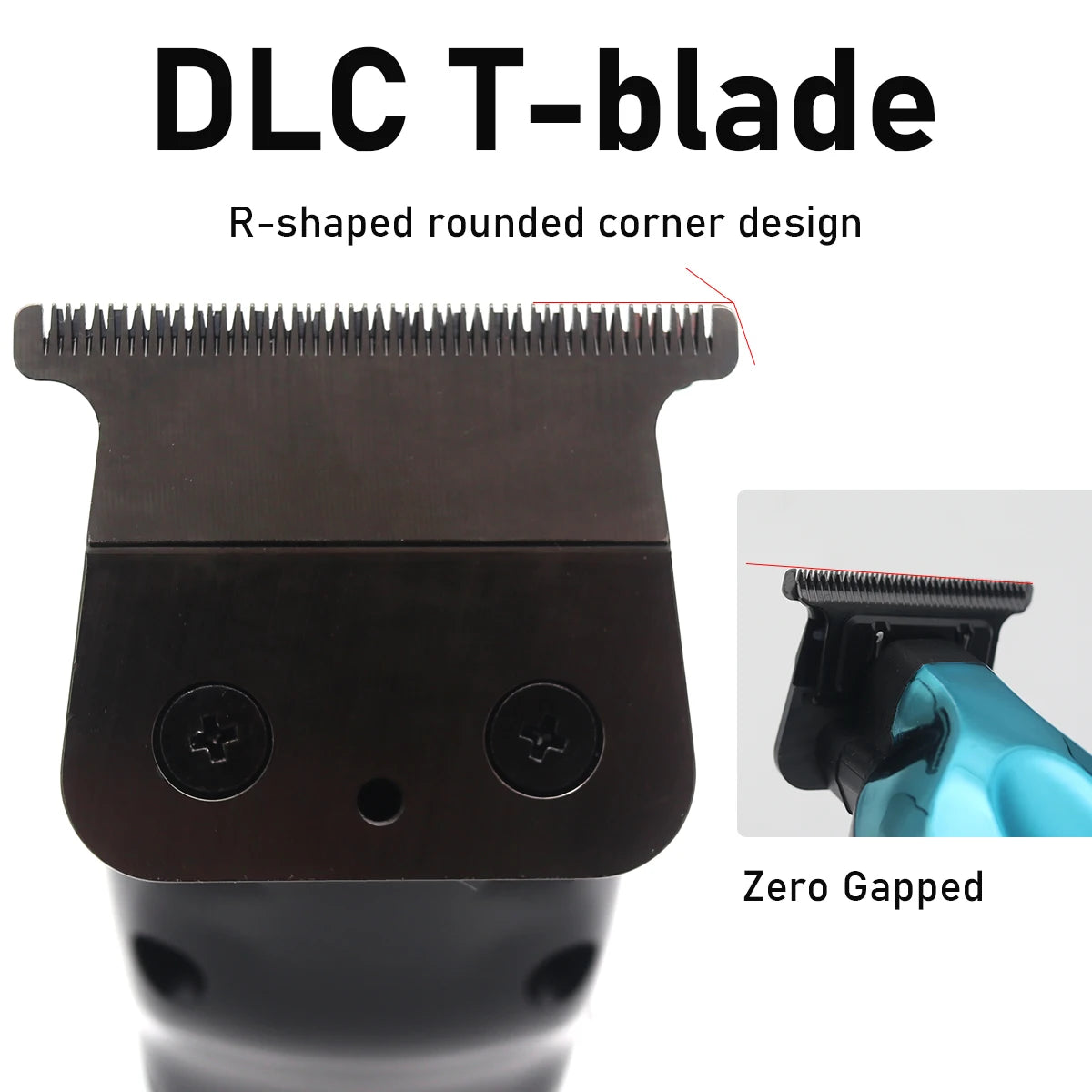 Nahaufnahme einer schwarzen DLC T-Blade Haartrimmer mit R-förmiger abgerundeter Ecke und Zero-Gap-Funktion.