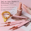 A collection of pink and gold nail art liner brushes, including a metal brush handle and various tips, displayed on a white b