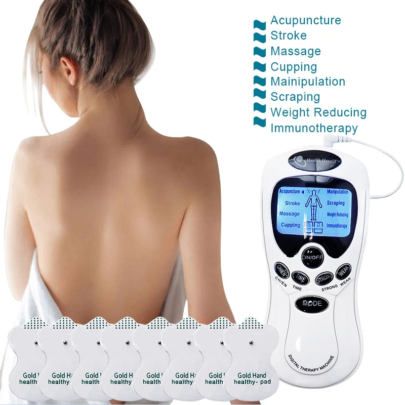 A white digital therapy machine is shown next to a person's back, with various acupuncture and massage tools displayed.