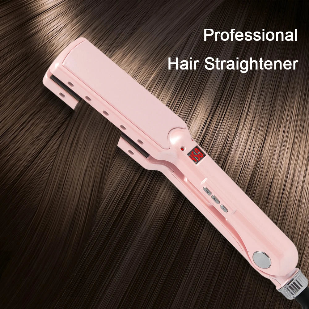 A pink professional hair straightener is shown against a dark background, highlighting its design and features.