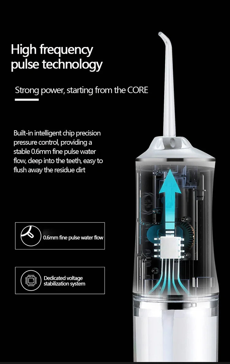 A close-up view of a high frequency pulse technology oral irrigator device with a clear water flow mechanism.