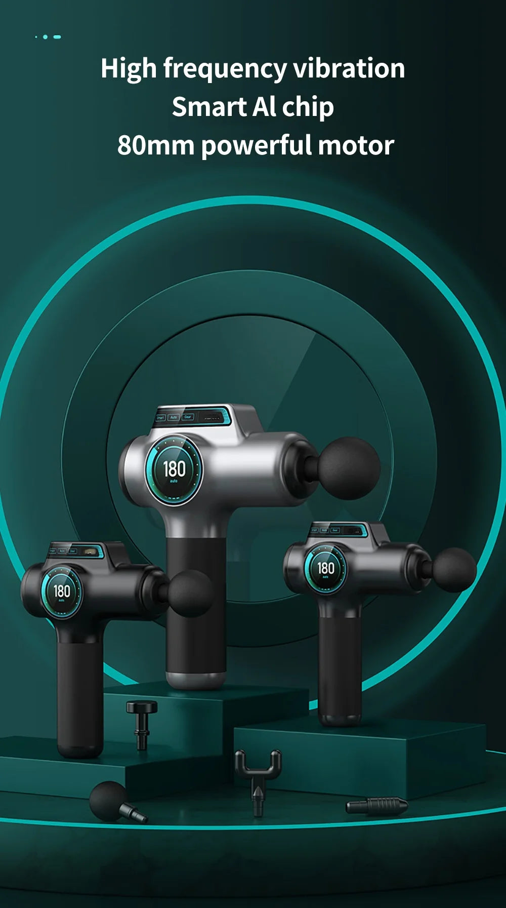 A set of professional muscle massage guns with high frequency vibration and powerful motors displayed on a dark green backgro