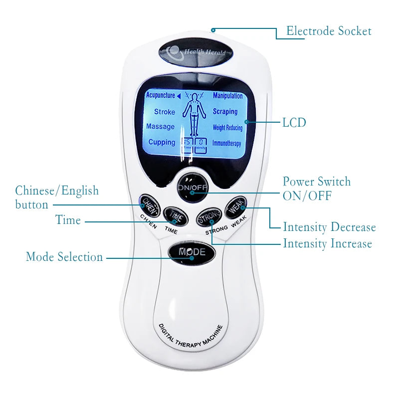 A white digital therapy machine with various modes and an electrode socket for muscle stimulation.