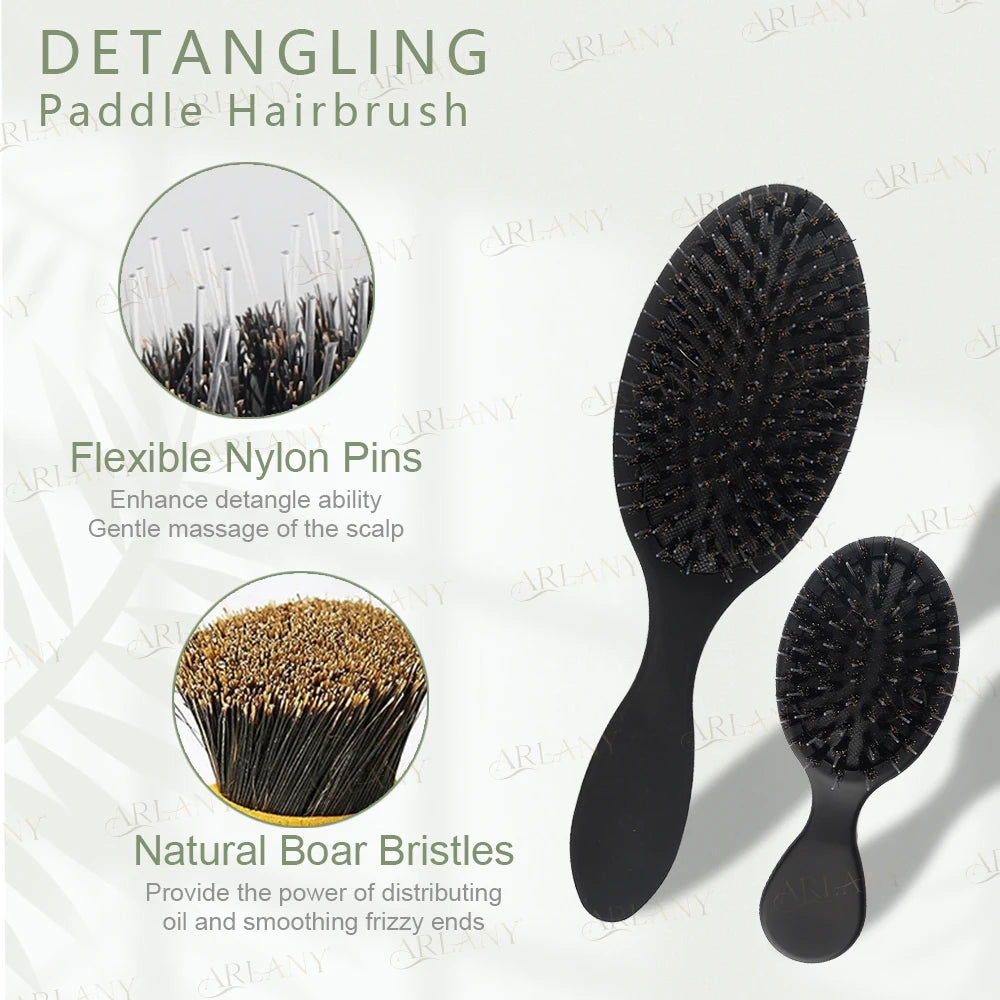 A set of matte boar bristle hair extension brushes featuring flexible nylon pins and natural boar bristles for detangling.