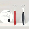 Raspador de lengua de acero inoxidable rojo y negro con mango en forma de lazo, junto a sus piezas desarmadas.