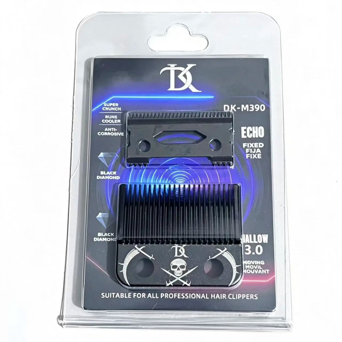 A packaged set of DK-M390 echo fixed hair clipper blades with black diamond teeth.