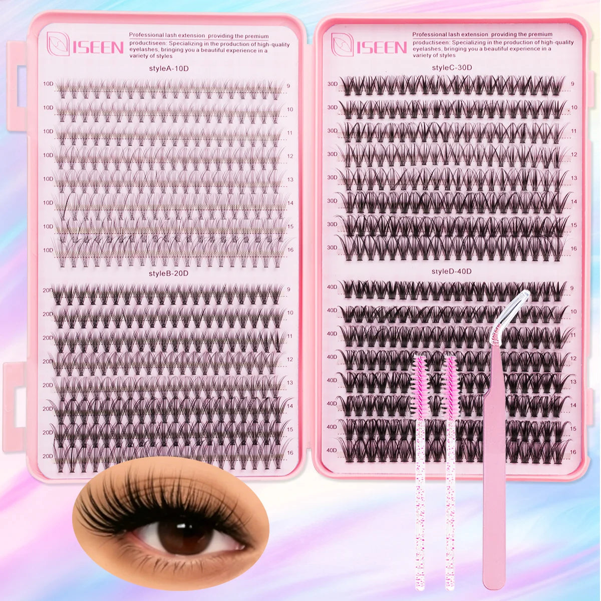 A display of professional lash extensions including style A-10D, B-20D, and C-30D clusters on pink packaging.
