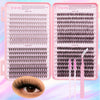 A display of professional lash extensions including style A-10D, B-20D, and C-30D clusters in pink packaging.