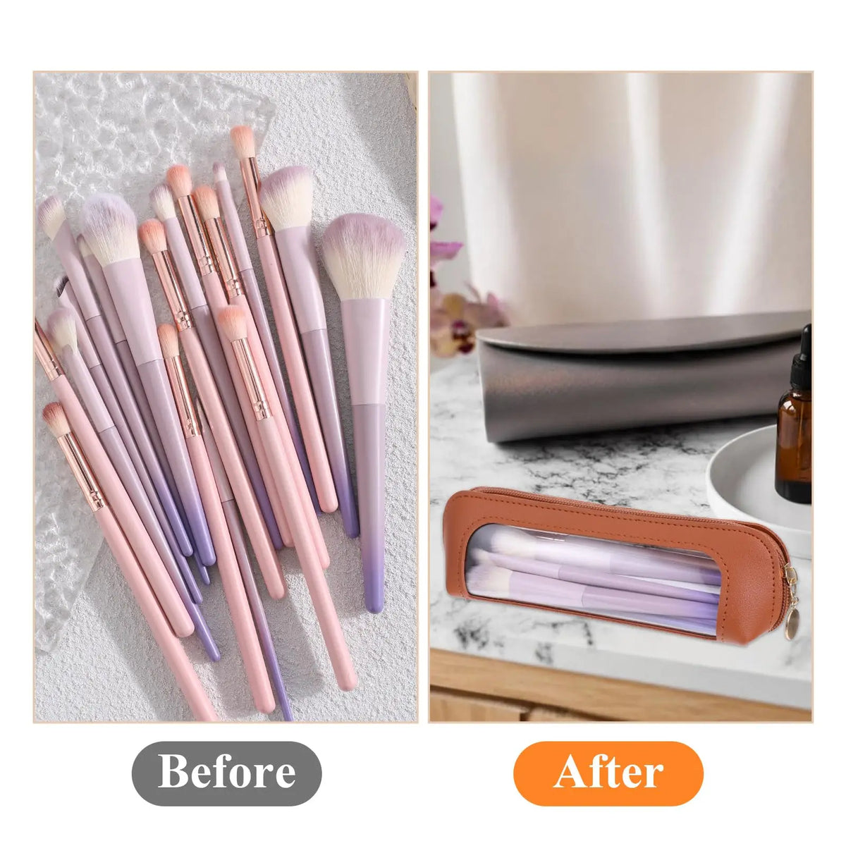 Vorher-Nachher-Vergleich einer PU-Leder-Aufbewahrungstasche für Make-up-Pinsel mit verschiedenen Pinselsets.