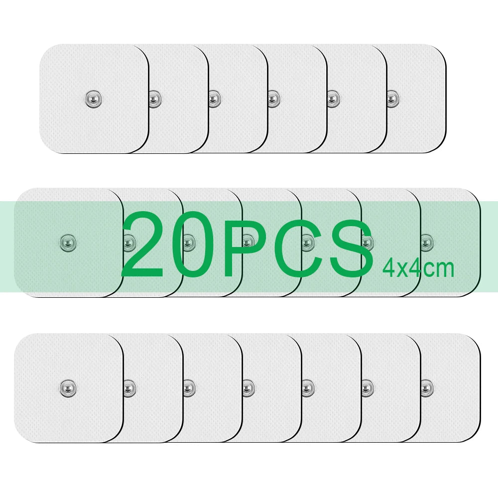 A set of twenty muscle stimulator electrode pads, white and square, with a dimension of 4x4 cm.