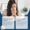 A woman is using a nasal congestion relief spray to alleviate discomfort and remove pollutants from her nasal cavity.