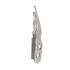 A silver professional straight edge barber razor with a curved handle and blade.