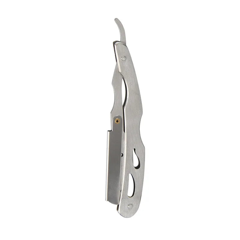 A silver professional straight edge barber razor with a curved handle and blade.