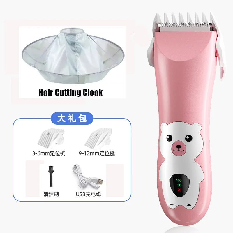 Pinke Keramik-Babyhaarschere mit Aufsätzen und USB-Ladekabel