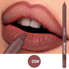 A brown lip liner pencil is shown next to a pair of lips, demonstrating the product's color and application.